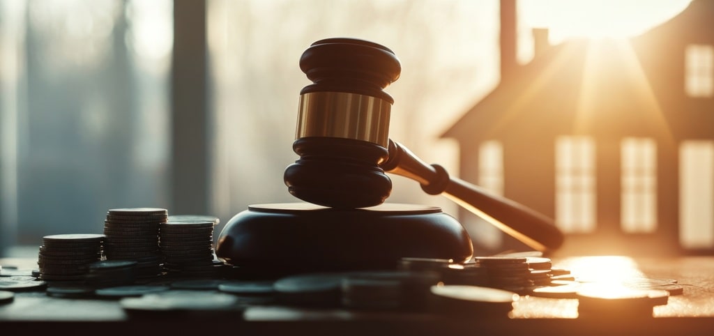 Młotek sędziowski na stole w sali rozpraw, symbolizujący postępowanie sądowe